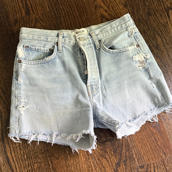 Agolde Light Blue Frayed Hem Jean Shorts - Picture 1 of 1
